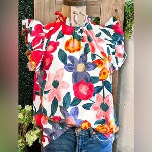2 for $15 sale: Floral pullover blouse red orange purple ruffle cap sleeve - S